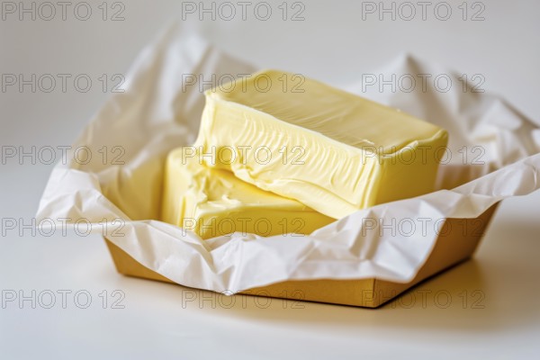 A piece of butter in opened wrapping paper placed in a cardboard tray on a white background, AI