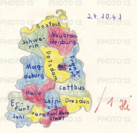 Homework for school, historical map of East Germany with main cities, GDR, 1961, Länder mit