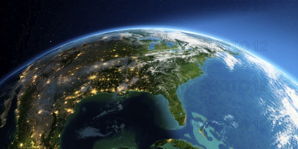 Highly detailed Earth with atmosphere, exaggerated relief and light-flooded cities. Transition from