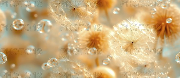 Golden dandelion seeds with sparkling droplets and a bokeh effect, creating a light and airy