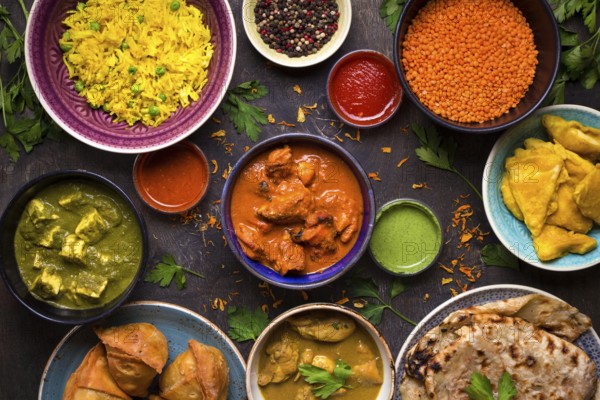 Assorted indian food on dark wooden background. Dishes and appetizers of indian cuisine. Curry,