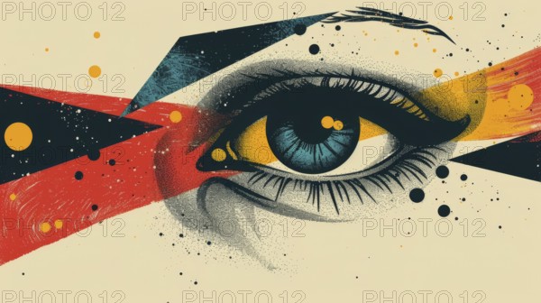 Single eye depicted in abstract style using geometric shapes and an array of bold colors creating a