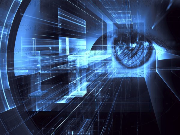 Human eye and. futuristic tunnel or portal - abstract collage. Artificial intelligence or data
