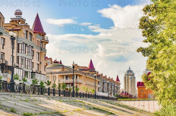 Kiev Ukraine, July 118, 2011: view of residential buildings in Obolonska Naberezhna, in the Obolon