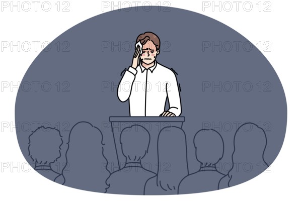 Nervous man feel stressed speaking in front of public. Anxious worried male speaker sweat with pain