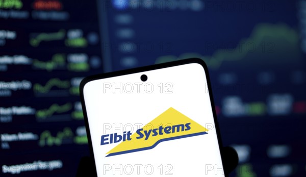Elbit systems logo is displayed on smartphone. Elbit Systems Ltd is an Israel based international