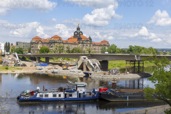 Demolition work continues after the partial collapse of the Carola Bridge, Dresden, Saxony, Germany