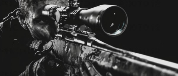 Close-up black-and-white image of a sniper aiming a rifle with an intense look in a dark setting,