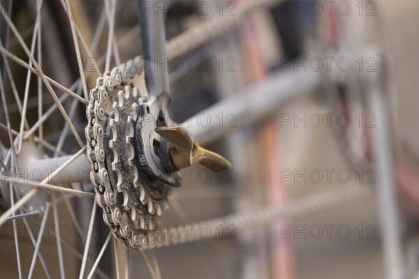 Close-up of a dusty bicycle sprocket and blurred background, at the legendary cycling race