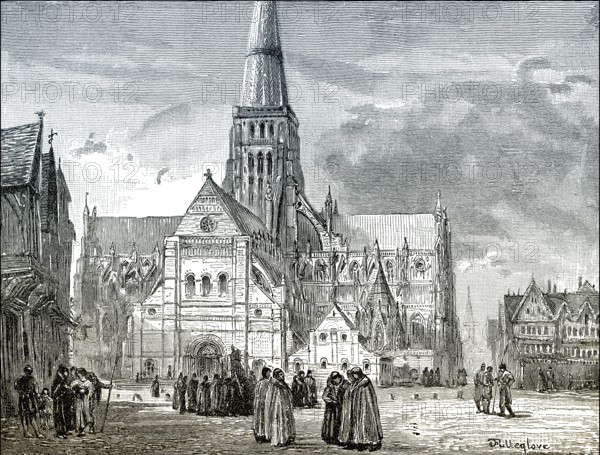 Depiction of the 14th Century predecessor of St Paul's Cathedral, a cathedral in London, England,