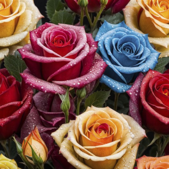 Vibrant roses in various colors including red, orange, blue, and pink with water droplets on