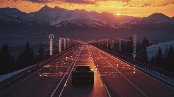 A car drives along a digital grid on a highway with glowing structures at sunset near mountains, AI