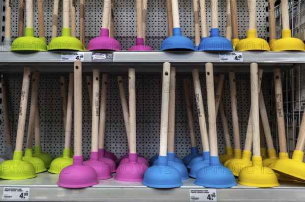 Plunger, pompel or suction bells in the DIY store, Allgäu, Bavaria, Germany