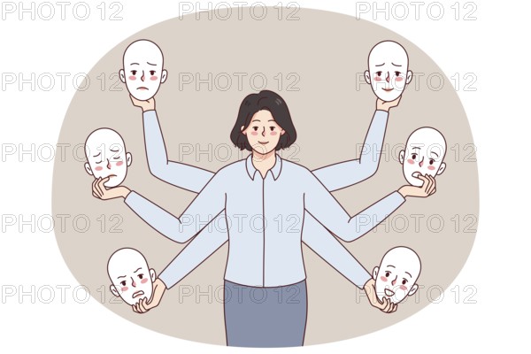Businesswoman holding different masks choose moods and emotions in office. Woman feel emotional.