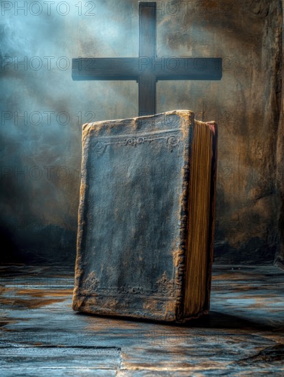 A dusty old book stands upright illuminated by ambient light with a cross in a mysterious, misty