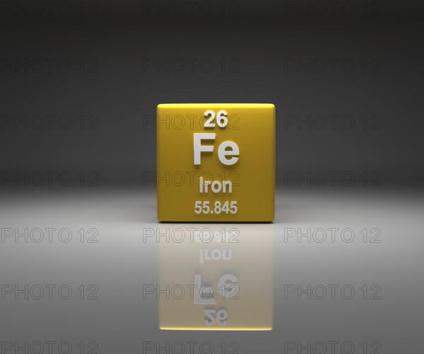 Cube with Iron number 26 periodic table, 3d rendering