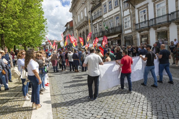Political rally and march for May Day in city of Guimaraes, Braga district, northern Portugal,