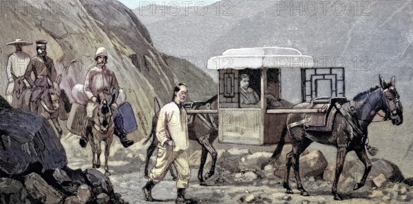 A caravan in Mongolia, a palanquin carried by horses and riders with luggage, Illustration,