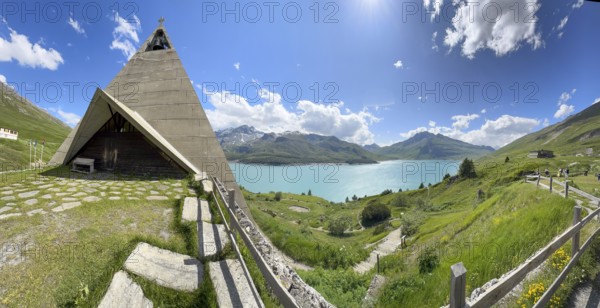 View of the Mont-Cenis Pyramid Museum on the left, built in 1967 above Lac du Mont Cenis on the