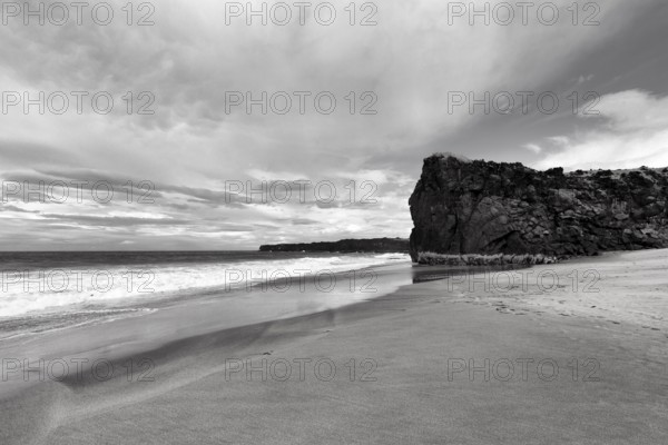 Skarðsvík Beach, sandy beach and cliffs, coastal landscape with bay, monochrome, Skardsvik,