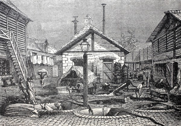 Leather processing, a tannery plant in 1880, digitally enhanced reproduction of a 19th century