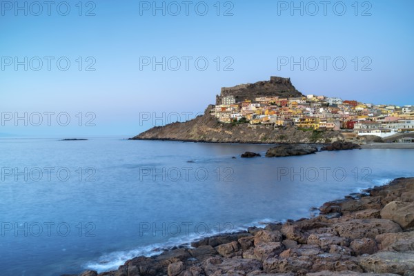 Castelsardo at blue hour, castle, evening, blue sky, Castelsardo, province Sassari, Sardinia, Italy