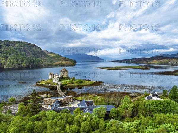 Eilean Donan Castle and Loch Duich from a drone, Isle of Skye, Highlands, Scotland, England, United