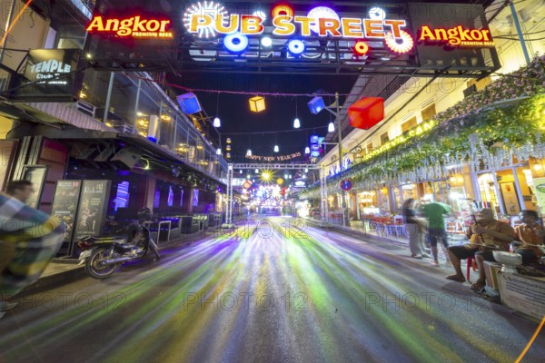 Neon lights, Pub Street in the evening, entertainment district with bars and restaurants, Siem