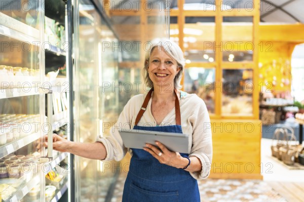 Smiling senior supermarket employee taking notes on a digital tablet while checking products in a