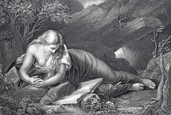 Magdalena, woman lying on the ground and reading a book, steel engraving after a painting by Pompeo