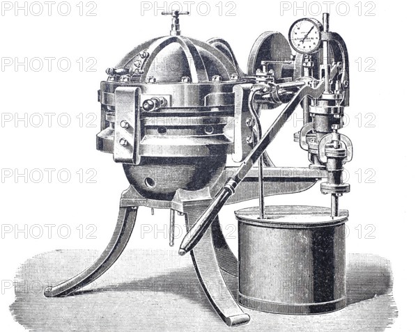 Hat maker, press for moulding straw hats and felt hats by Grahl and Boehl in Dresden, digitally