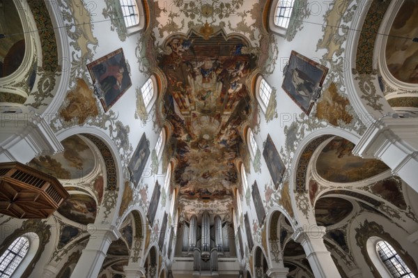 Interior with organ loft, ceiling frescoes in the nave from 1746, St Martinus and Maria Church,