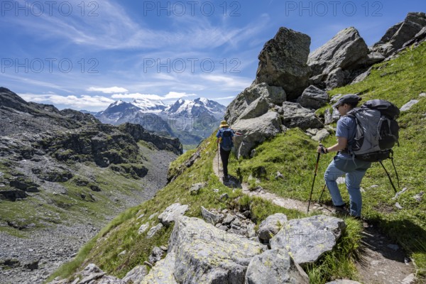 Mountaineer on hiking trail in mountain landscape, descent at Col du Louvie, view of the summit of
