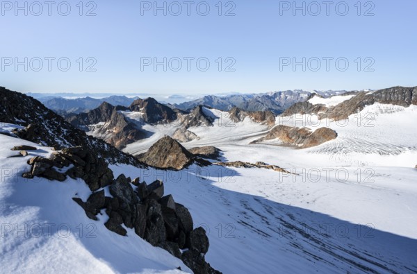 Snow on the Wilder Freiger mountain peak, picturesque high mountain landscape, view of