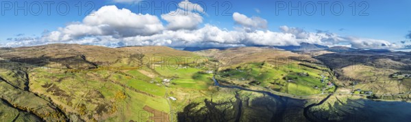 Panorama of Farms and Moors over Loch Harport from a drone, Drynoch, Isle of Skye, Highlands,