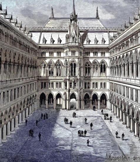 The old town hall of Vienna, Austria, the inner courtyard with arcades, illustration from 1894,