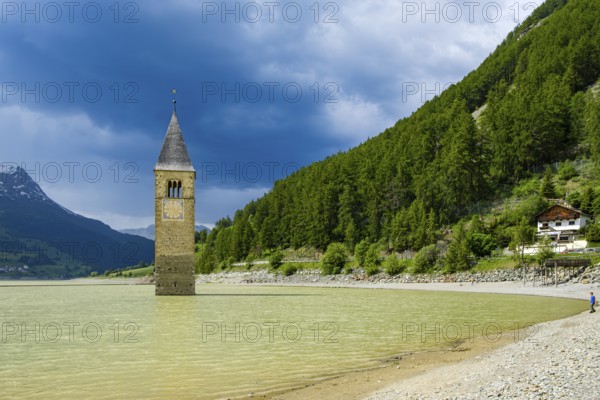 Bell tower of the former parish church of St Catherine in the sunken village of Alt-Graun in Lake