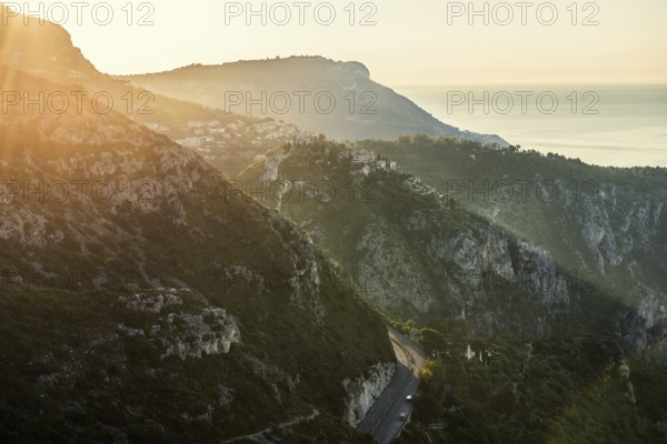 Coastal landscape, sunrise, Roquebrune, Roquebrune-Cap-Martin, near Monaco, Cote d'Azur,