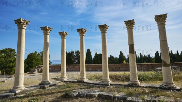 Arrangement of ancient columns against a natural backdrop and blue sky, Temple of Apollo,