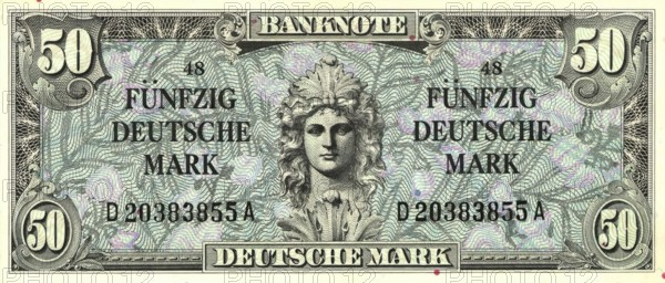 Banknote, banknote, 50 Deutsche Mark, front side, series 1, issue 2, Germany, reproduction of a