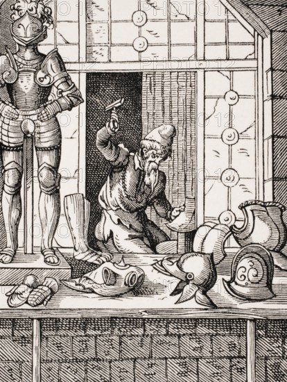 Armourer. Reproduction of a woodcut from the 16th century by Jost Amman from the 19th century,