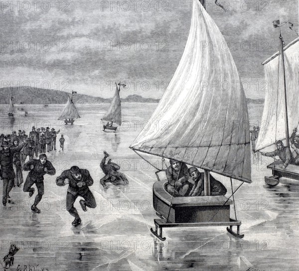 Race between sailing sledges and ice skaters on the Müggelsee, around 1870, Berlin, Germany,
