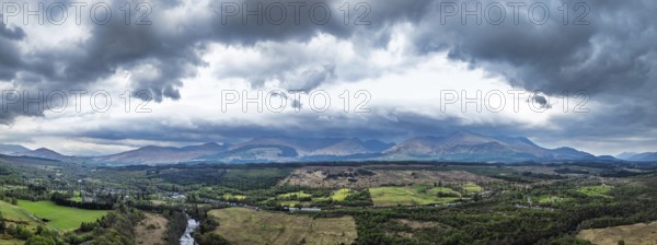 Panorama of Nevis Range Mountains from a drone, Grampian Mountains, Highland, Lochaber, Scotland,