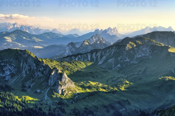 View from Mount Gantrisch, sunset over the Bernese and Fribourg Pre-Alps, Canton of Bern,
