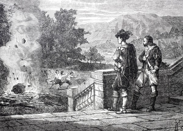 Experiment by the Marquis of Worcester, which is said to be the invention of the steam engine, c.