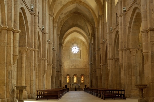 Nave, choir with altar, interior, Gothic basilica of the Cistercian abbey of Fossanova Monastery,