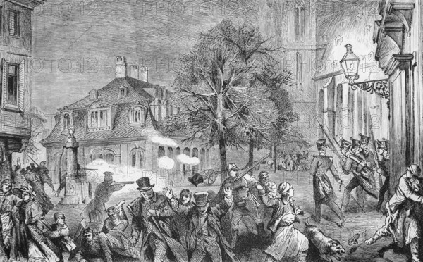 Storming of the Konstabler Wache in Frankfurt am Main, soldiers shooting with rifles, horror among