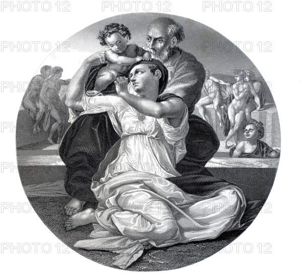 The Holy Family, A family sits closely embraced, mother and father with baby, background with