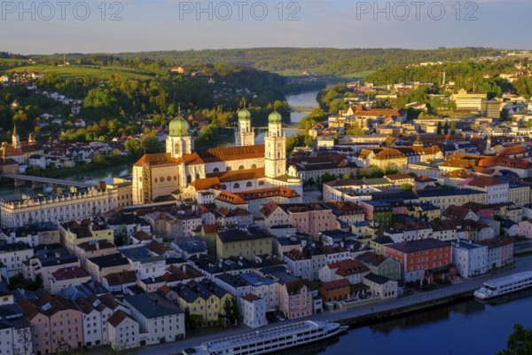 View of the historic city centre at sunrise, from the Veste Oberhaus, Passau, Lower Bavaria,