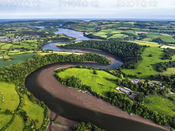 Farms and Fields over River Dart from a drone, Stoke Gabriel, Totnes, Devon, England, United
